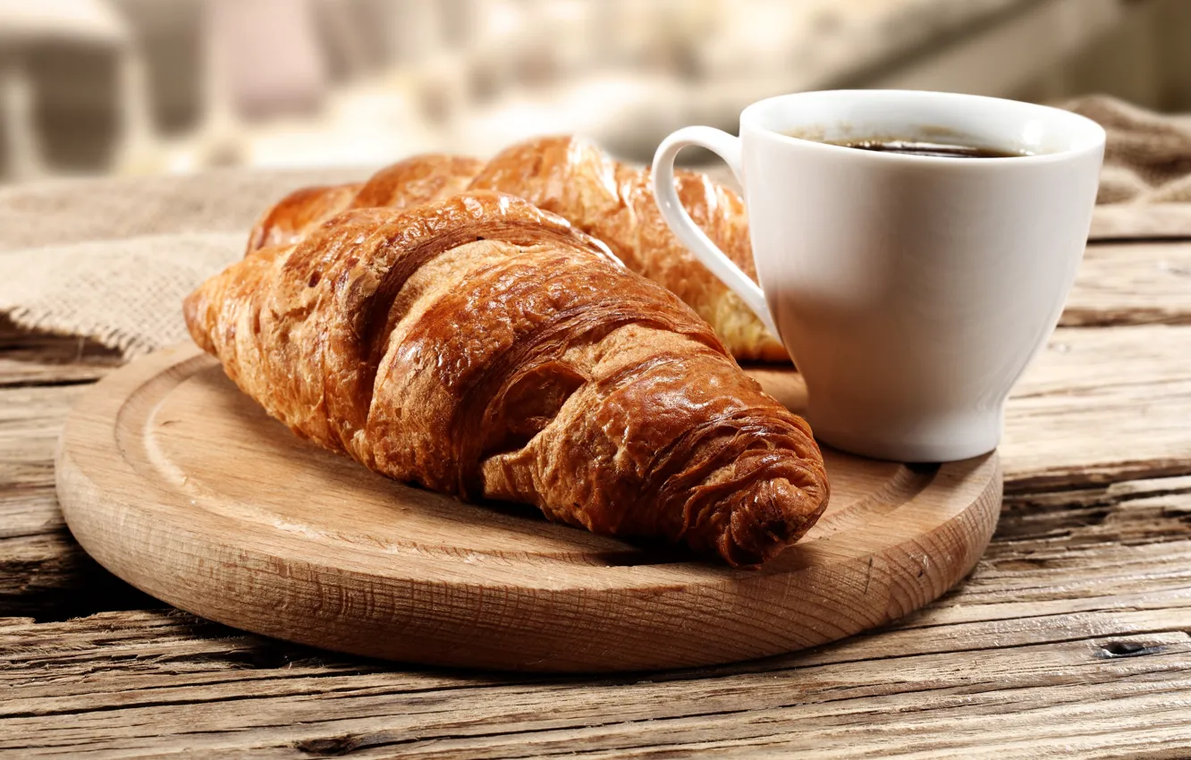 Photo wallpaper Board, coffee, croissant