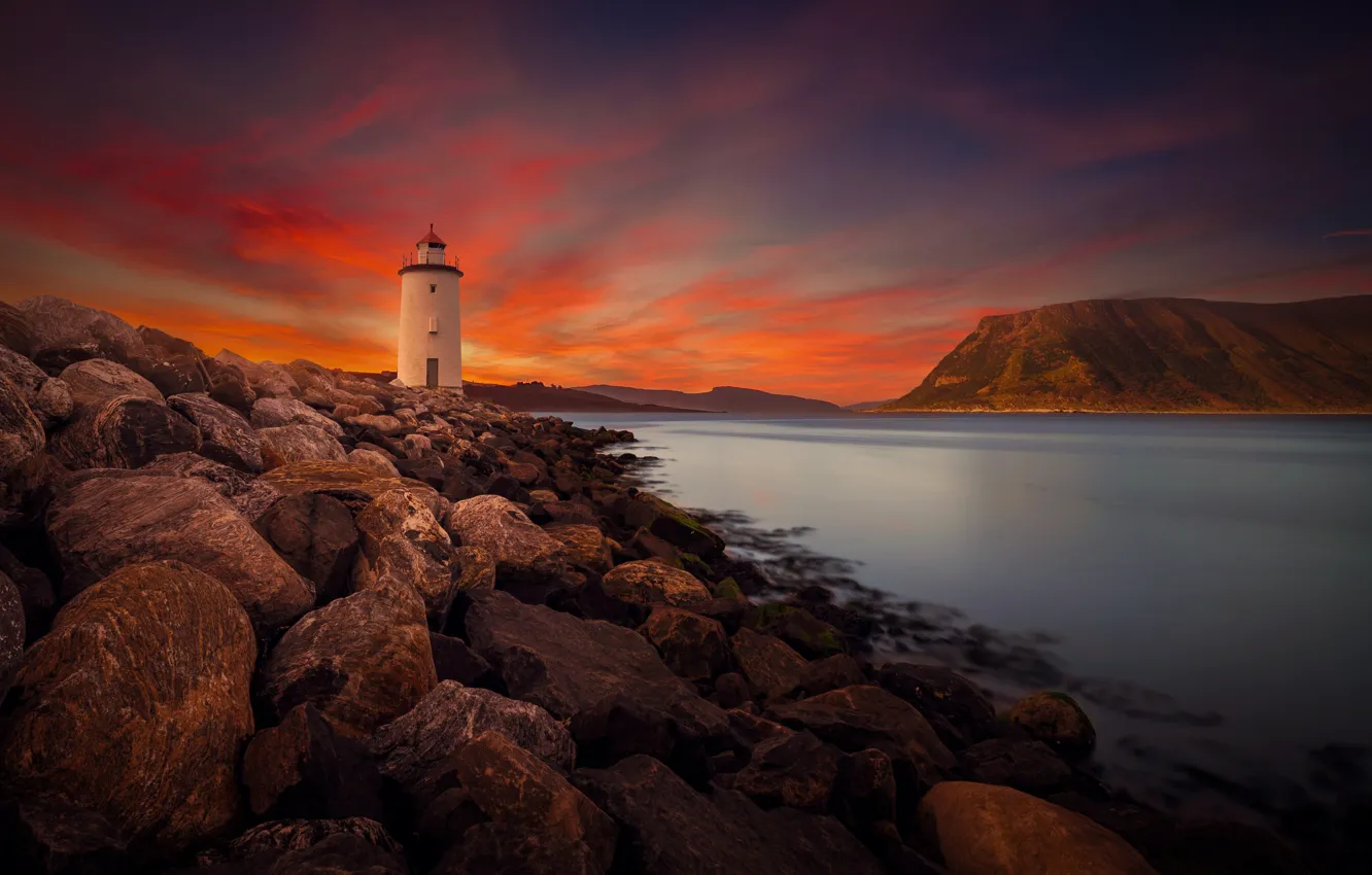 Photo wallpaper stones, shore, lighthouse, glow