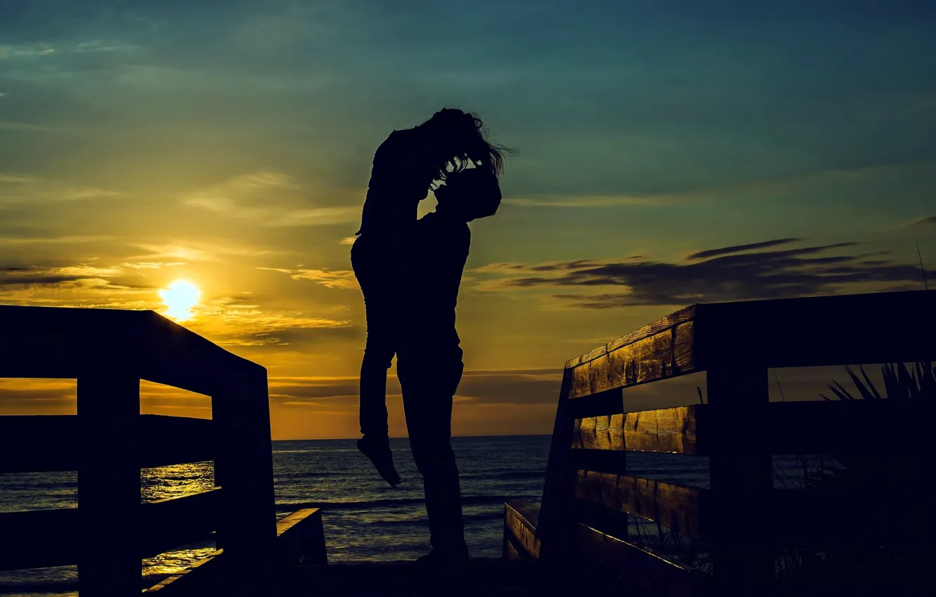 Photo wallpaper sea, the sky, water, girl, the sun, love, joy, happiness