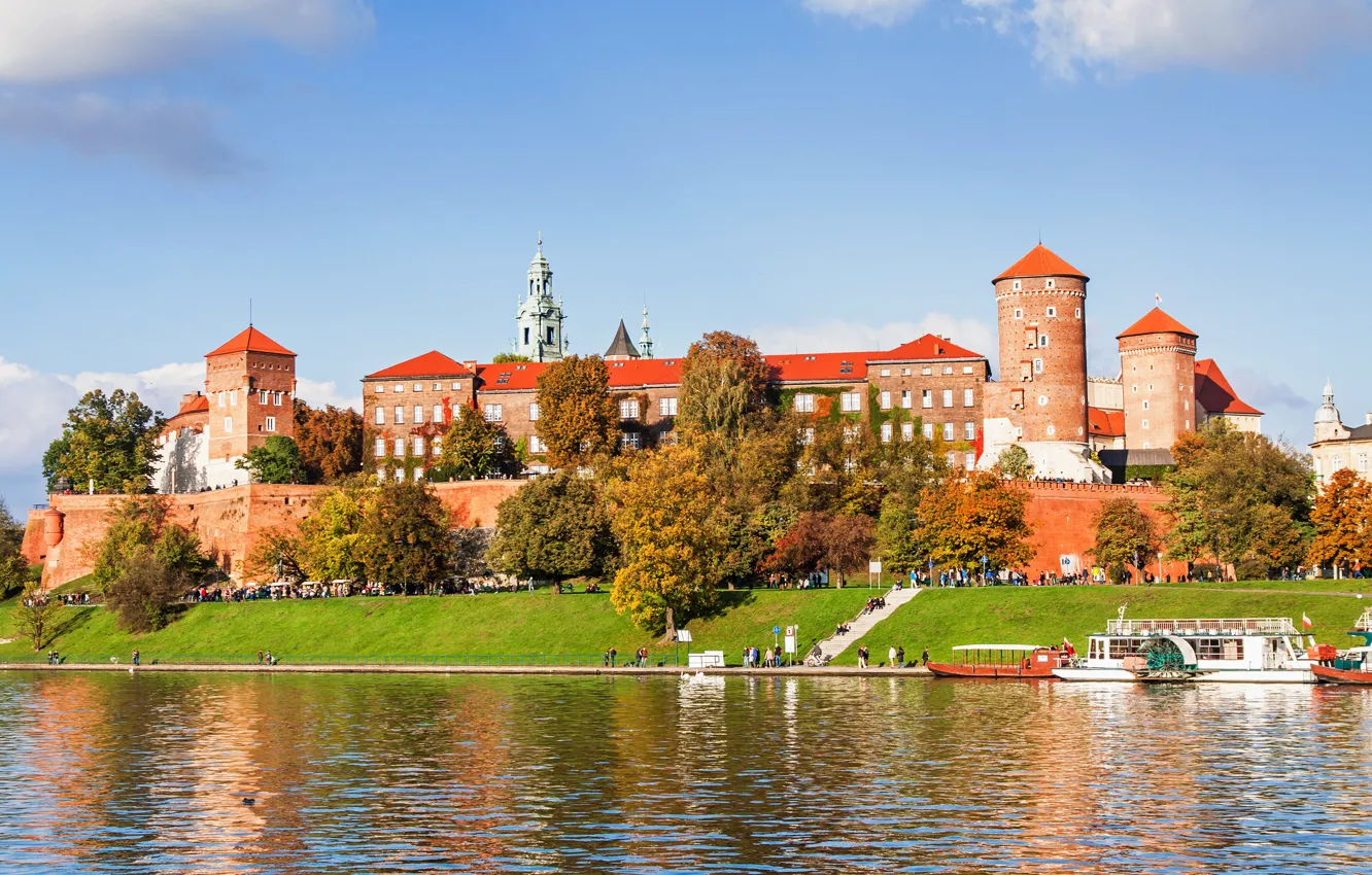 Photo wallpaper autumn, the sun, trees, river, castle, hills, people, Poland