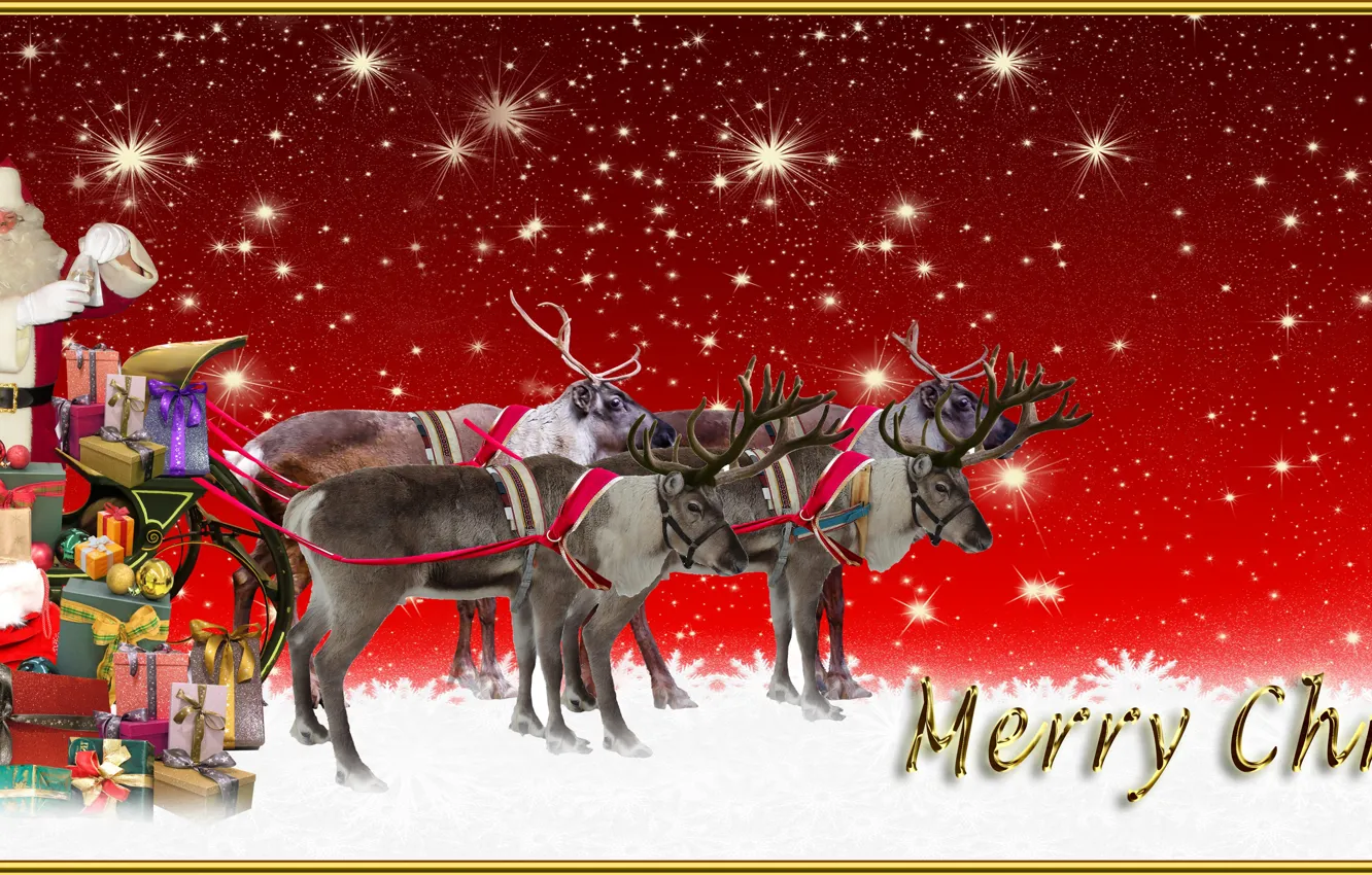 Photo wallpaper stars, new year, deer, Christmas, sleigh, Santa Claus, merry christmas, Delivers gifts