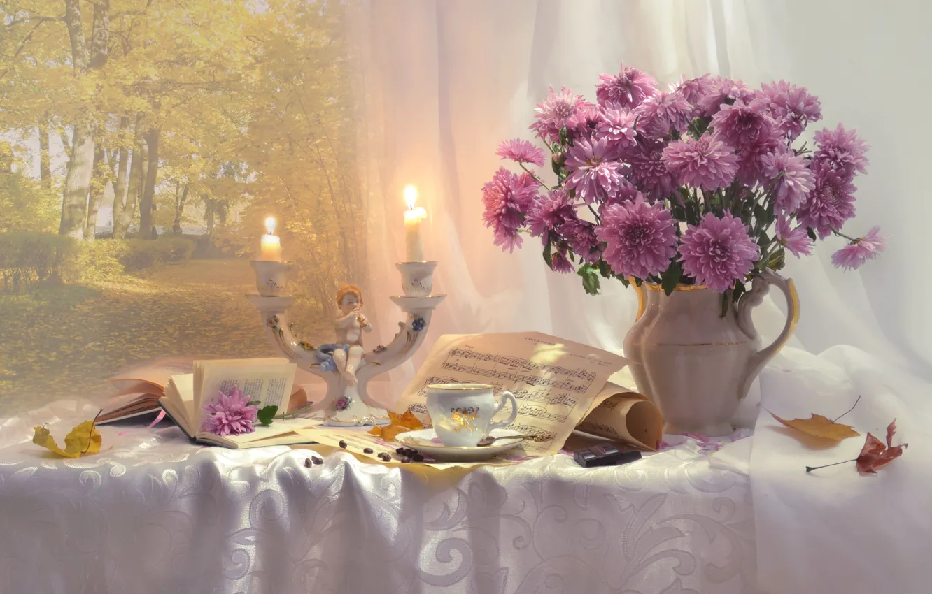 Photo wallpaper autumn, leaves, flowers, notes, candles, Cup, pitcher, still life