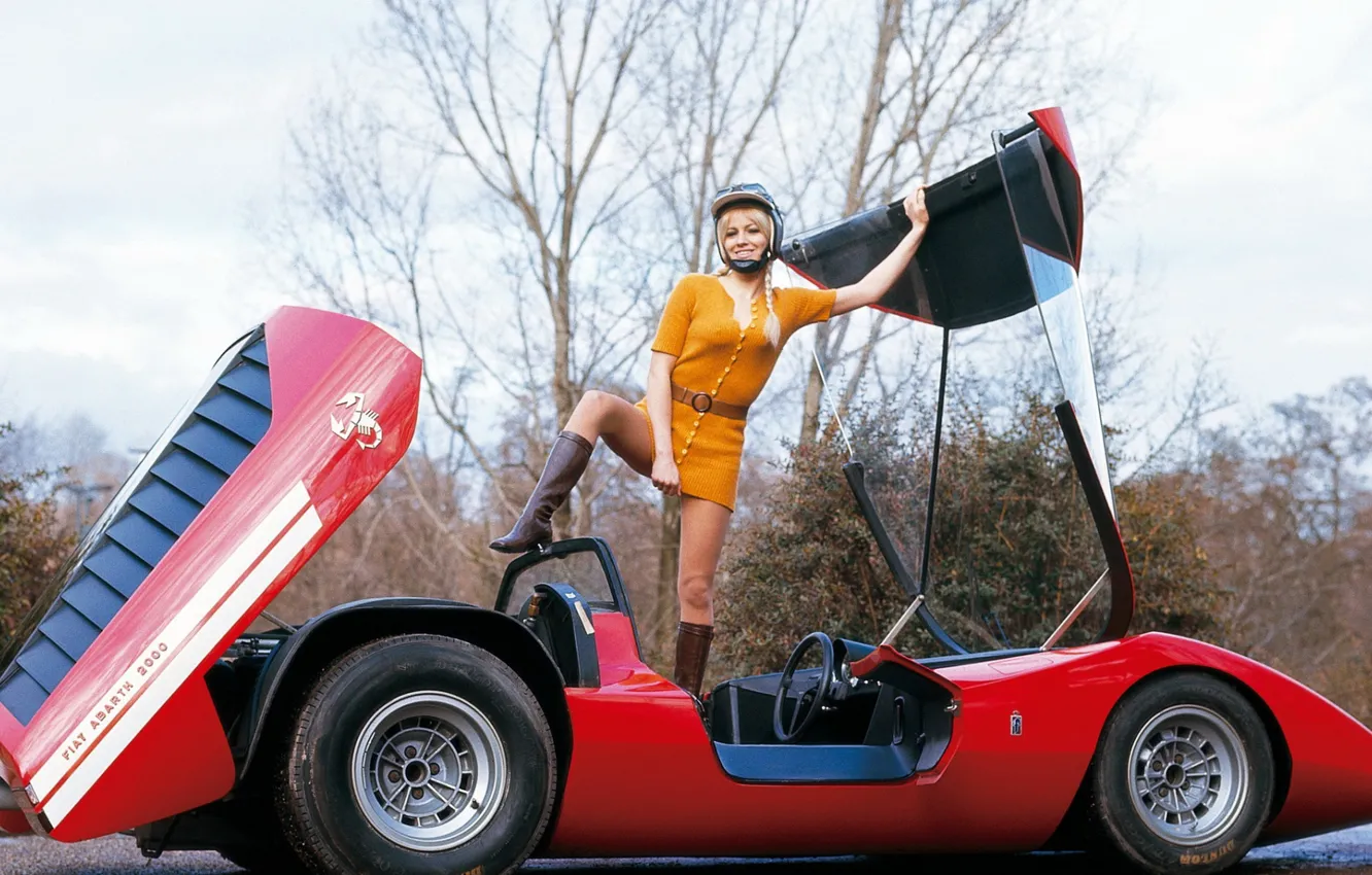 Photo wallpaper woman, red car, outdoor