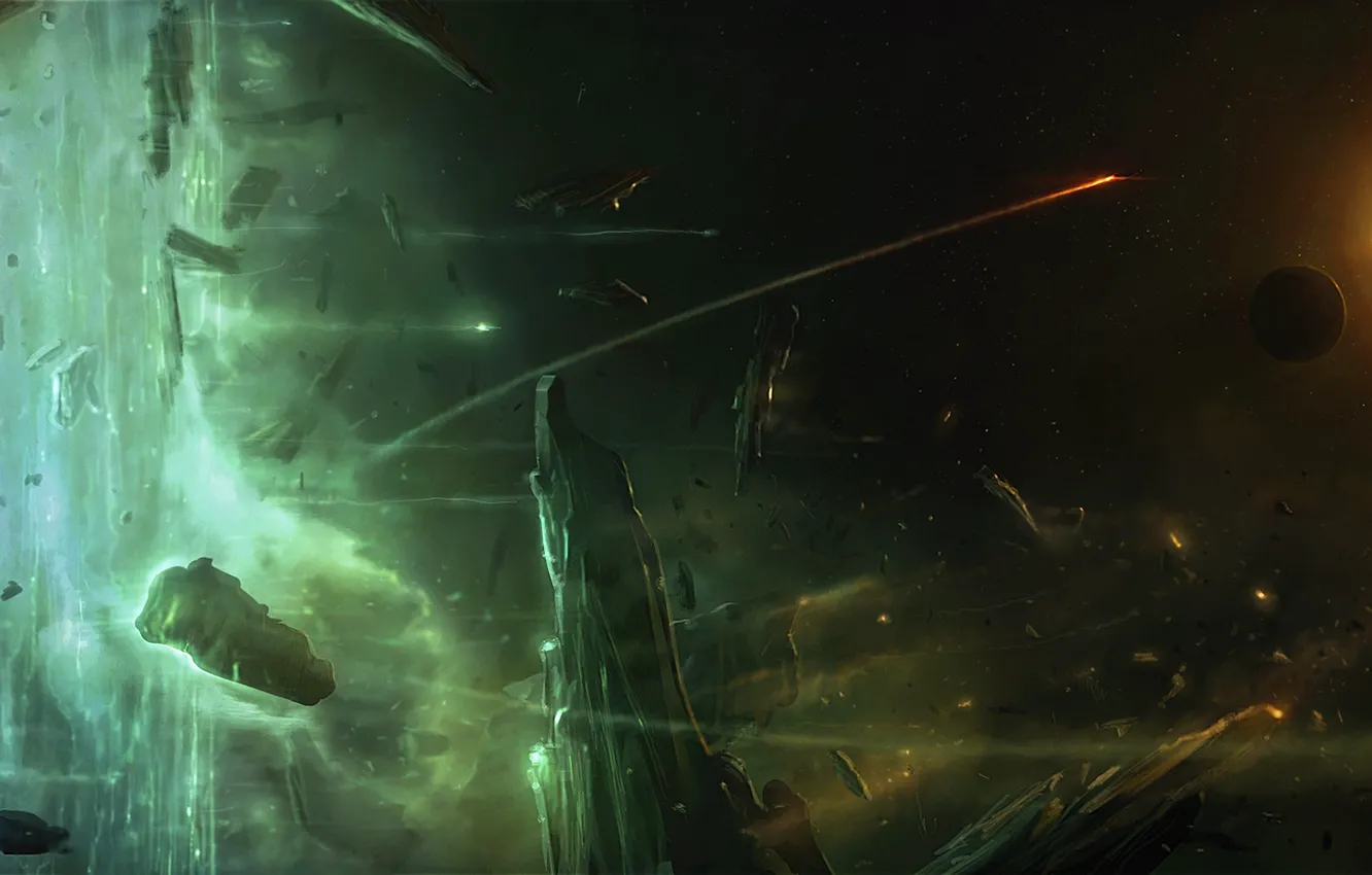 Photo wallpaper space, stars, stones, ship, planet, asteroids, art, meteorites