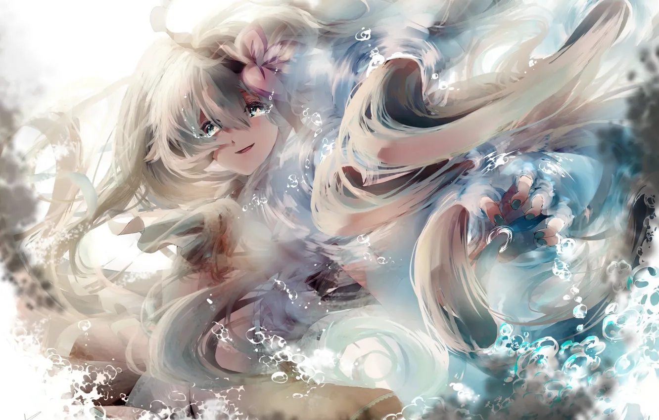 Photo wallpaper girl, flowers, anime, tears, art, vocaloid, hatsune miku, saihate