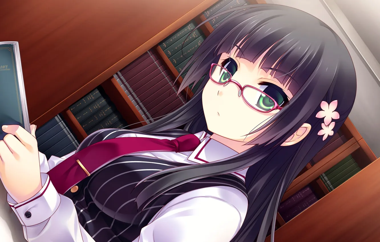 Photo wallpaper look, girl, glasses, book, library, art, guardian place, suminoe of ouka