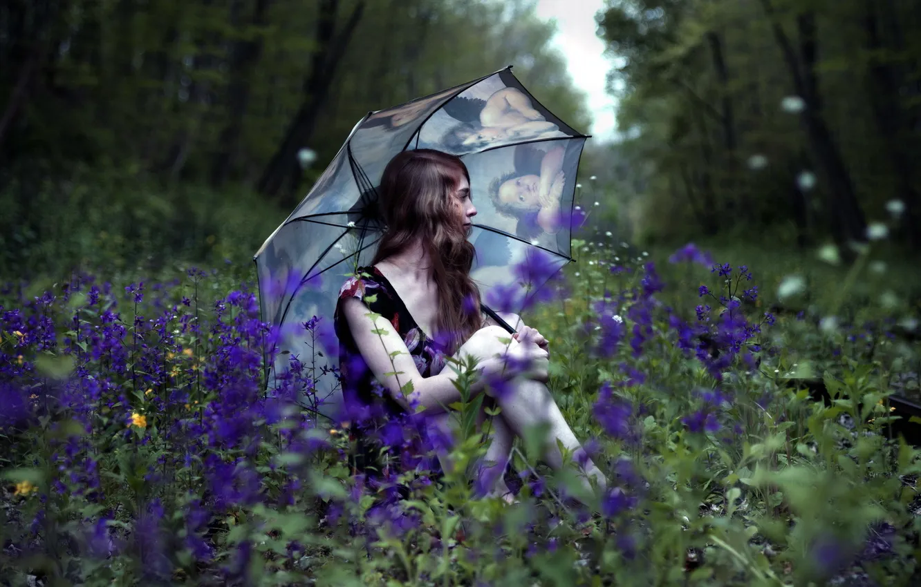 Photo wallpaper girl, flowers, nature, mood, umbrella