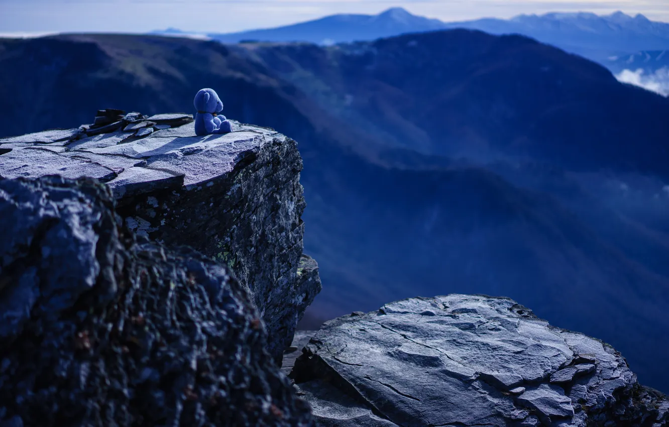 Photo wallpaper mountains, rocks, toy, bear, panorama