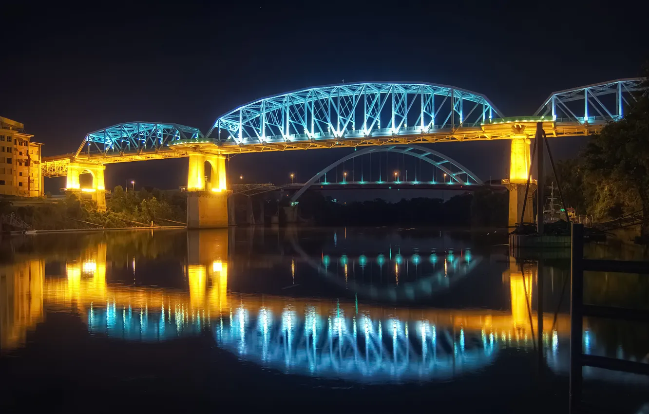 Photo wallpaper water, bridge, lights, reflection, river