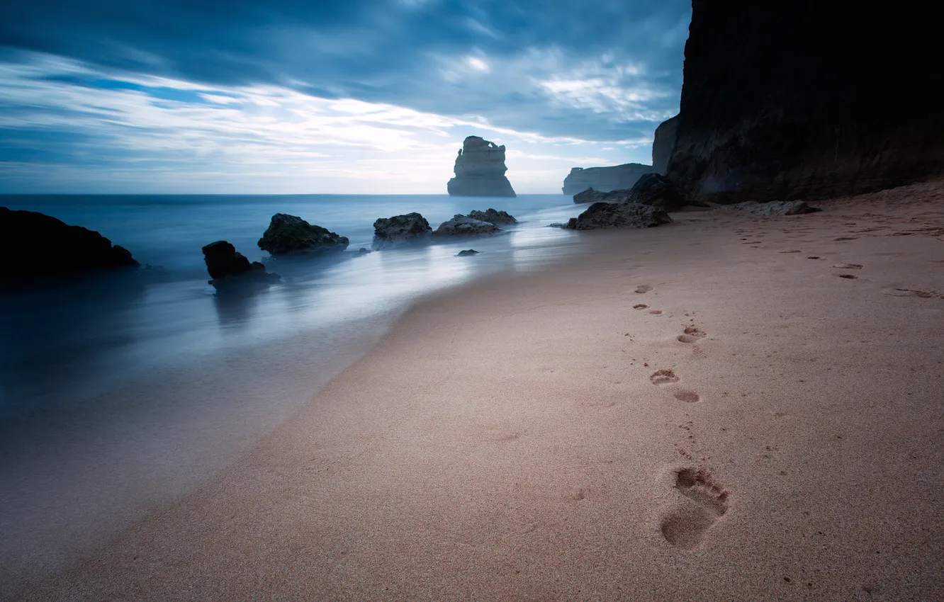 Photo wallpaper sand, sea, beach, traces, the ocean, rocks, Australia