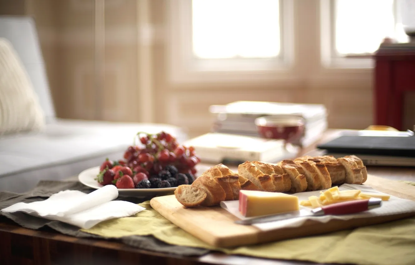 Photo wallpaper table, sofa, morning, cheese, window, strawberry, bread, knife