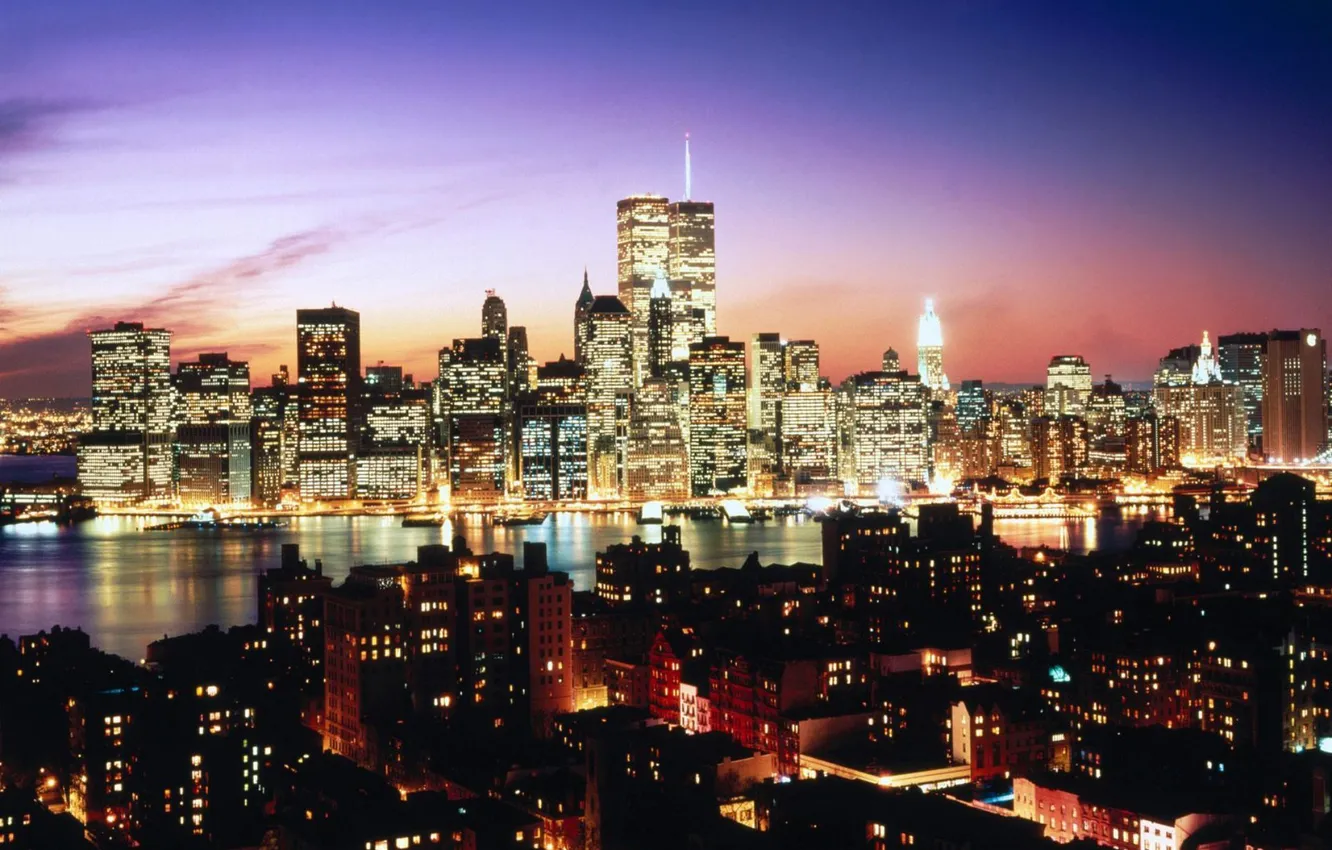 Photo wallpaper night, the city, lights, river, Wallpaper, New York, skyscrapers, Manhattan