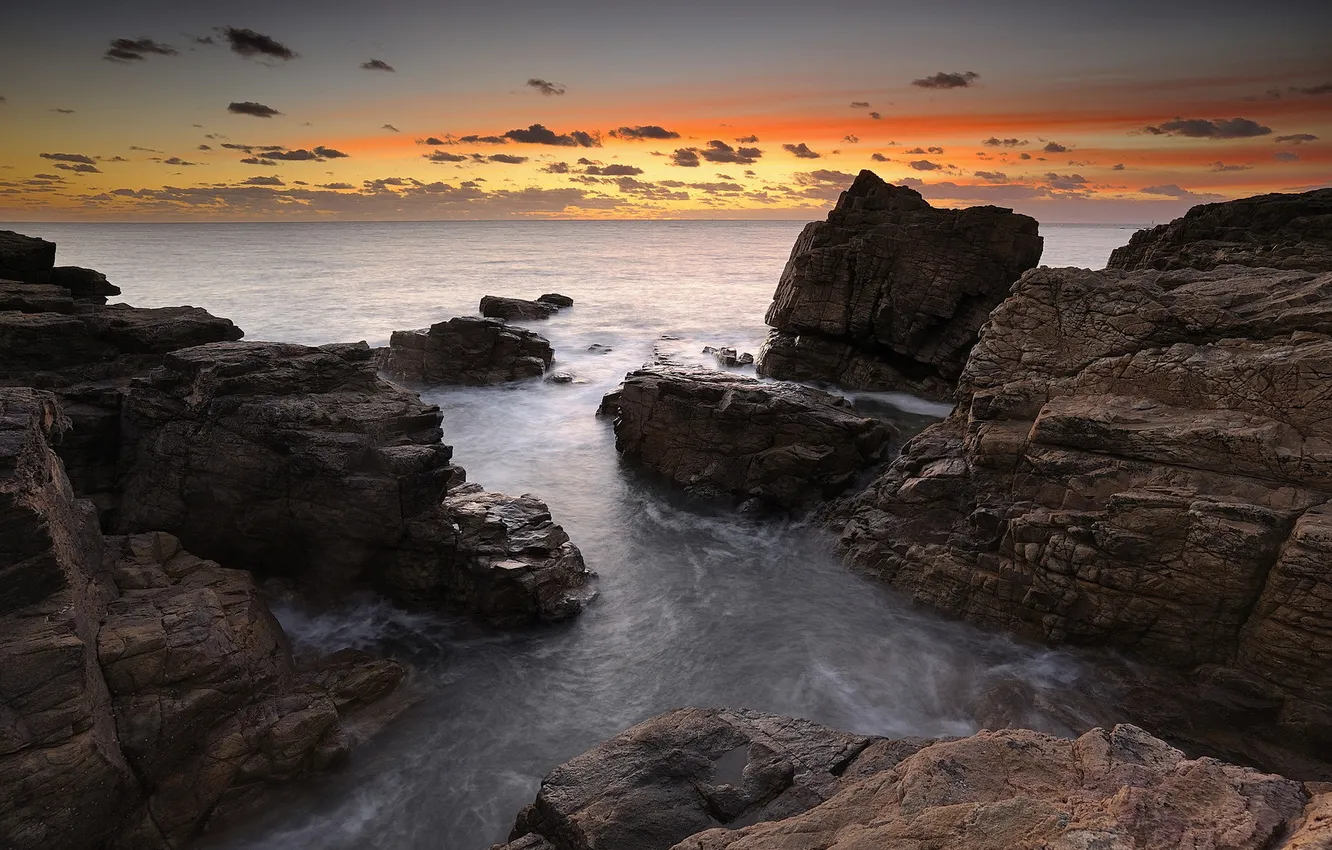 Photo wallpaper sea, landscape, sunset, rocks