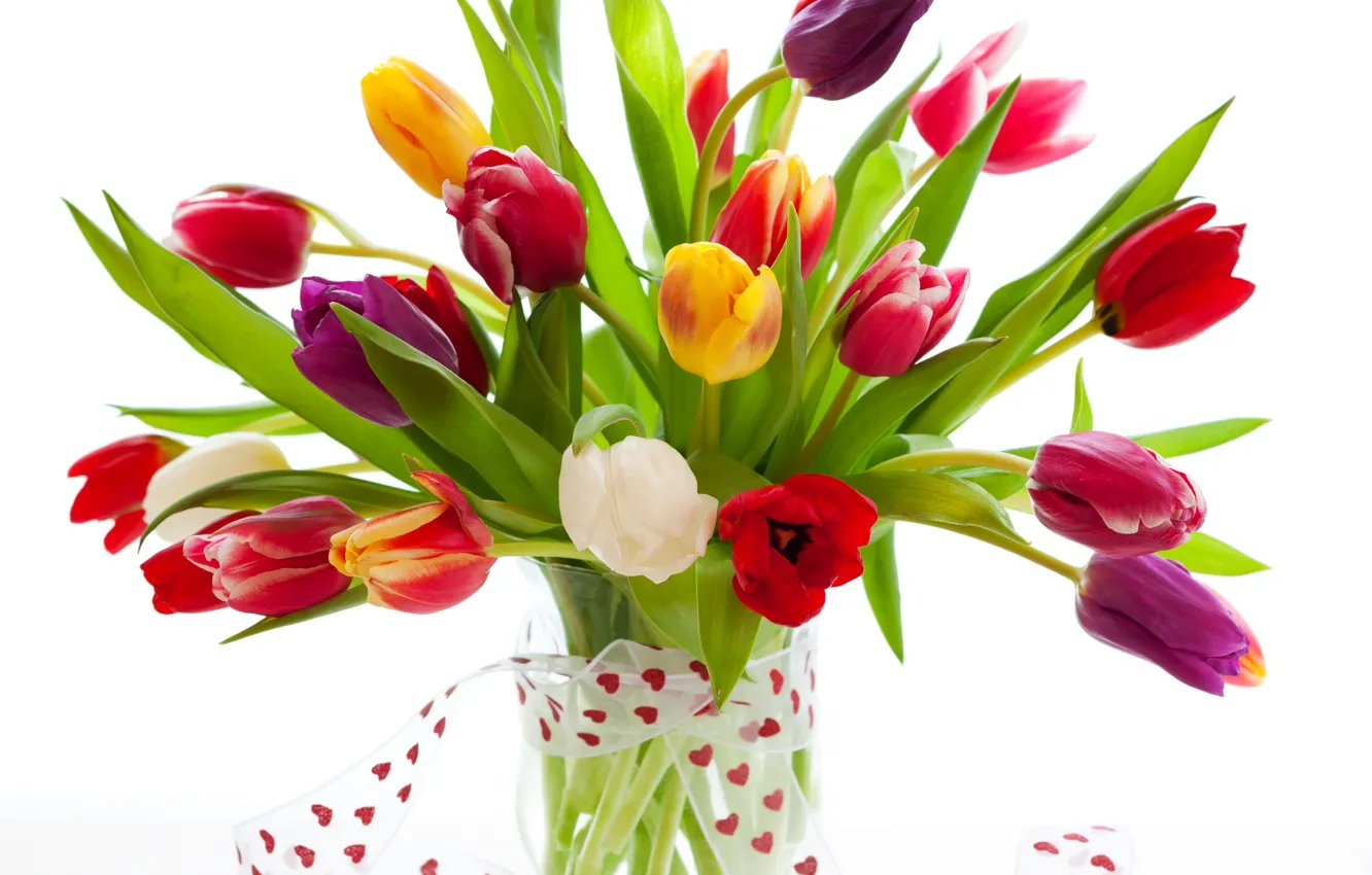 Photo wallpaper bouquet, tape, tulips, vase