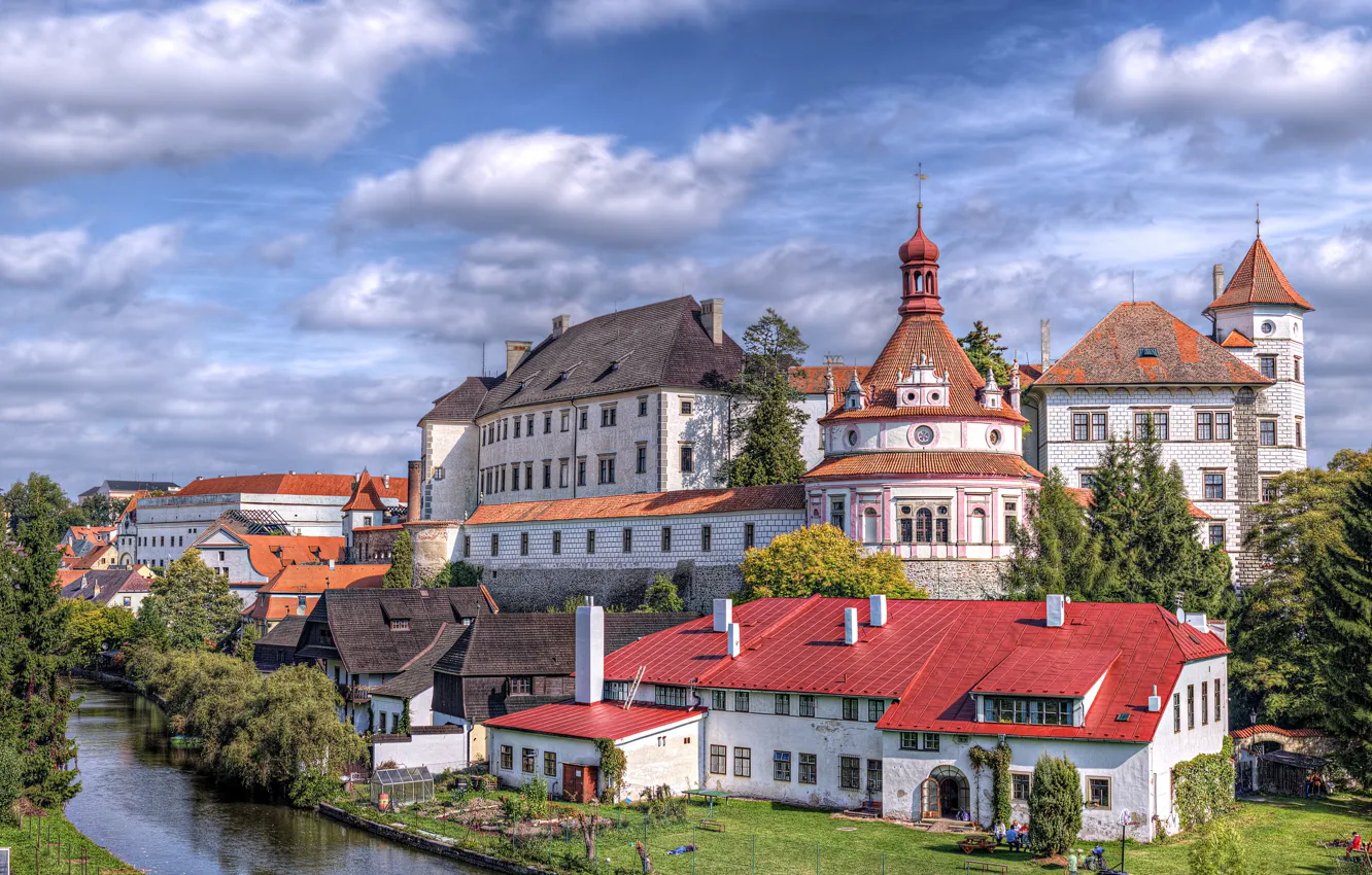 Photo wallpaper the sky, trees, river, castle, home, Czech Republic, architecture, The Czech Republic