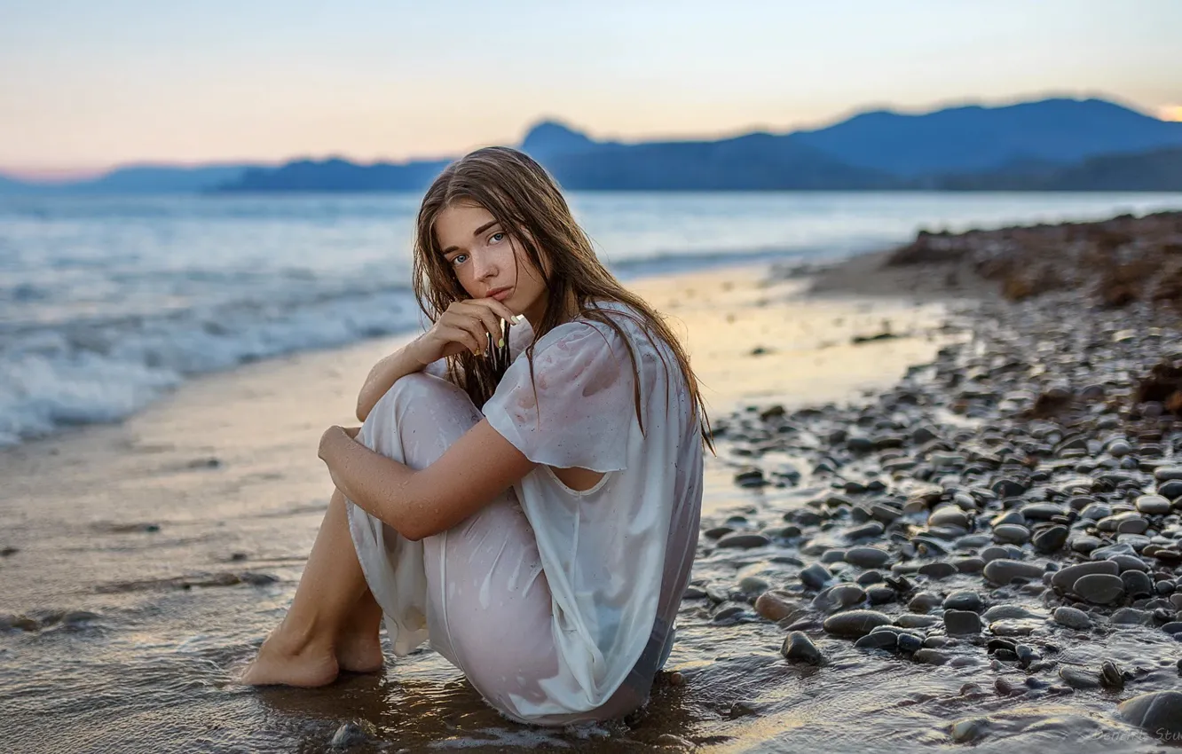Photo wallpaper wave, beach, water, girl, shore, hair, wet, Kate