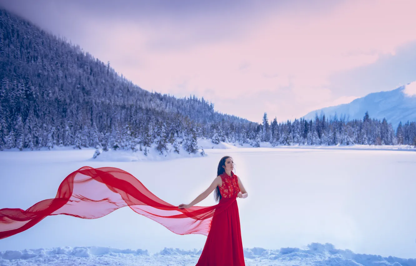 Photo wallpaper winter, girl, snow, red dress