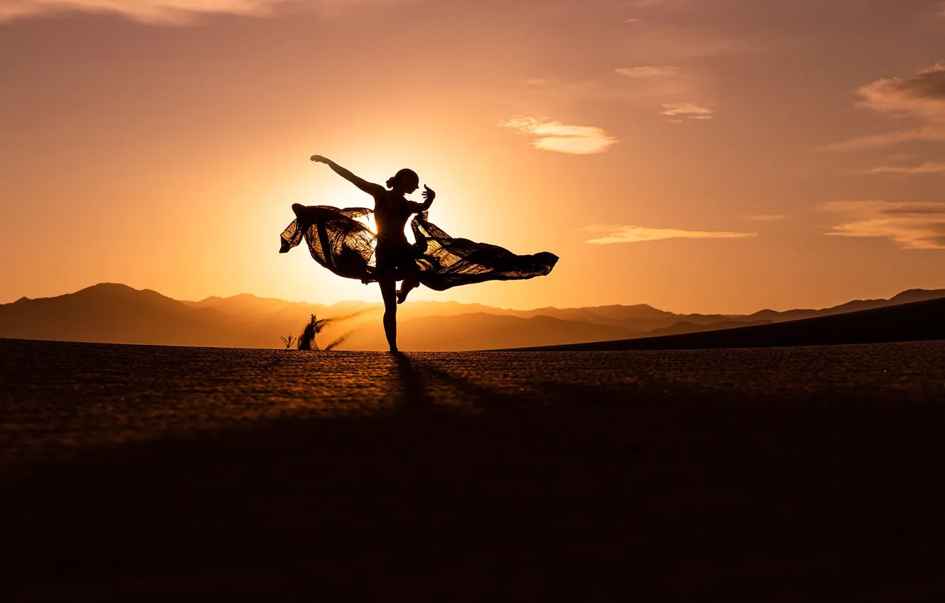 Photo wallpaper girl, sunset, mountains, mood, dance, silhouette