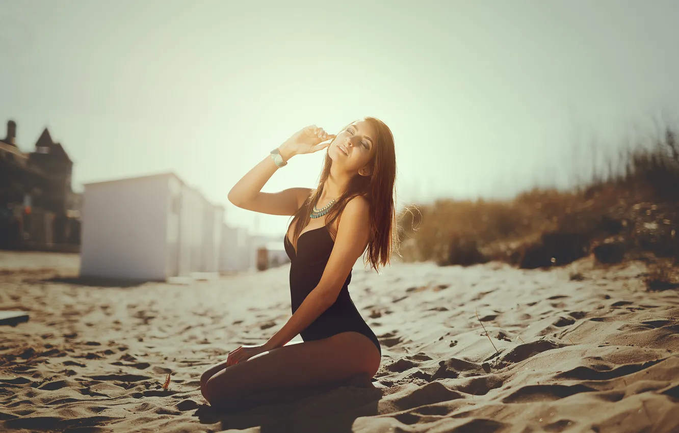 Photo wallpaper beach, swimsuit, summer, girl, the sun, hair