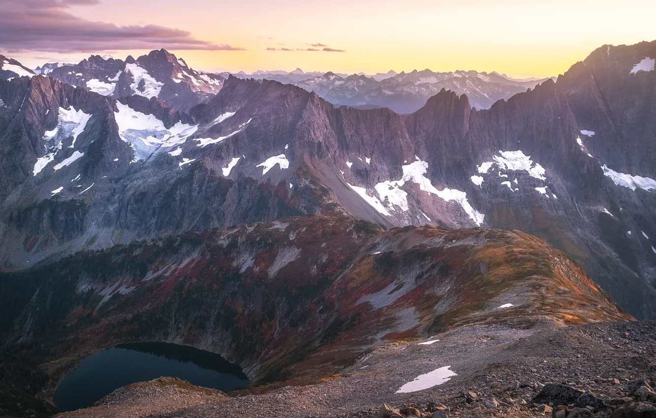 Photo wallpaper the sky, clouds, snow, mountains, lake, stones, rocks, shore