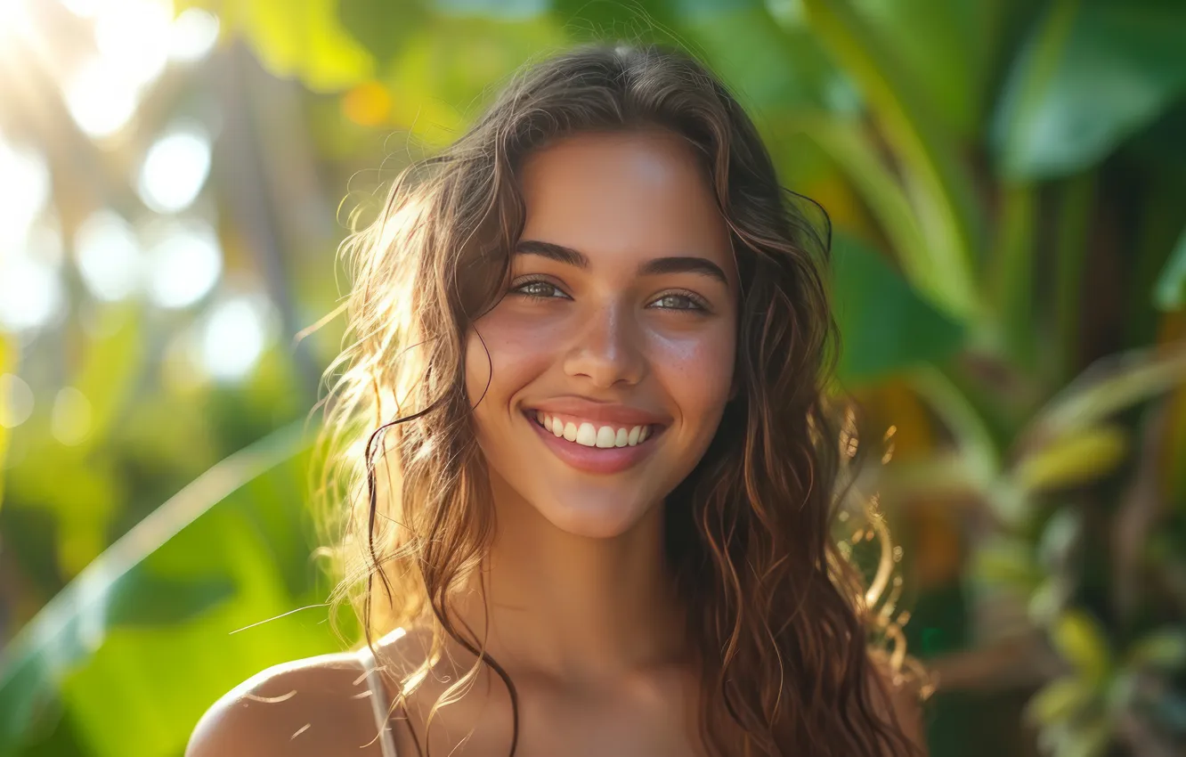 Photo wallpaper greens, summer, look, leaves, girl, light, face, smile