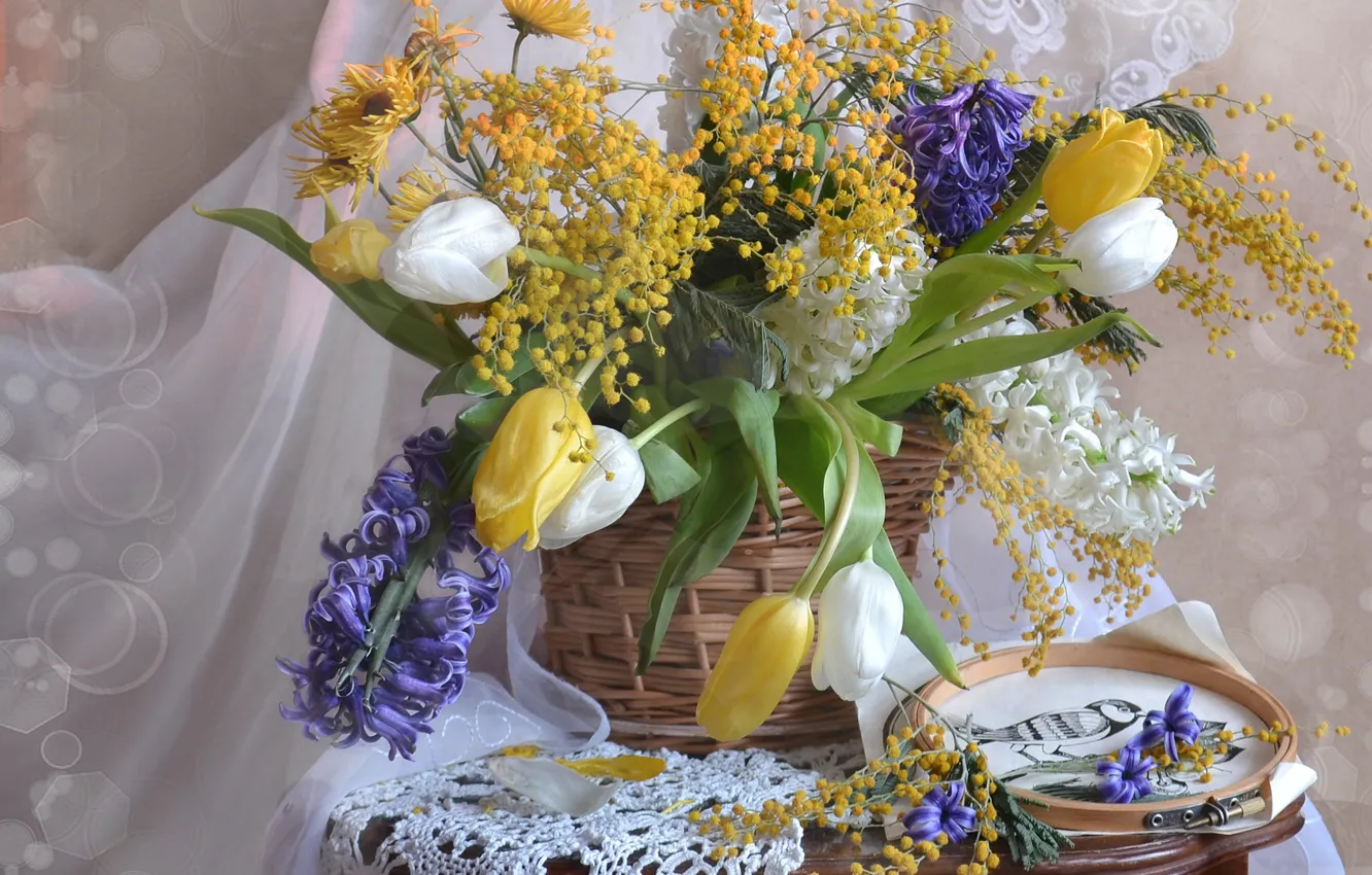 Photo wallpaper basket, bouquet, tulips, embroidery, hyacinths, Mimosa