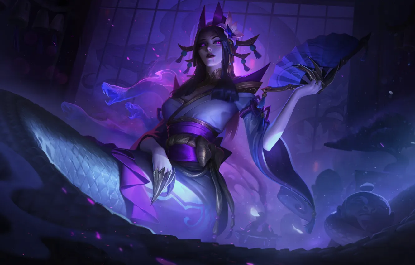 Photo wallpaper girl, snake, kimono, league of legends, League of legends, fendomy, purple glowing eyes, veeer