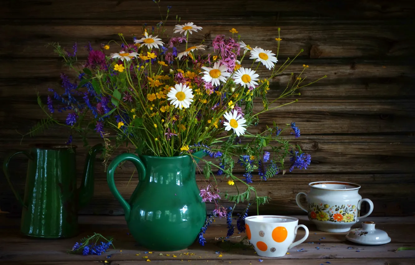 Photo wallpaper summer, chamomile, bouquet, Cup, dishes, clover, still life, wildflowers