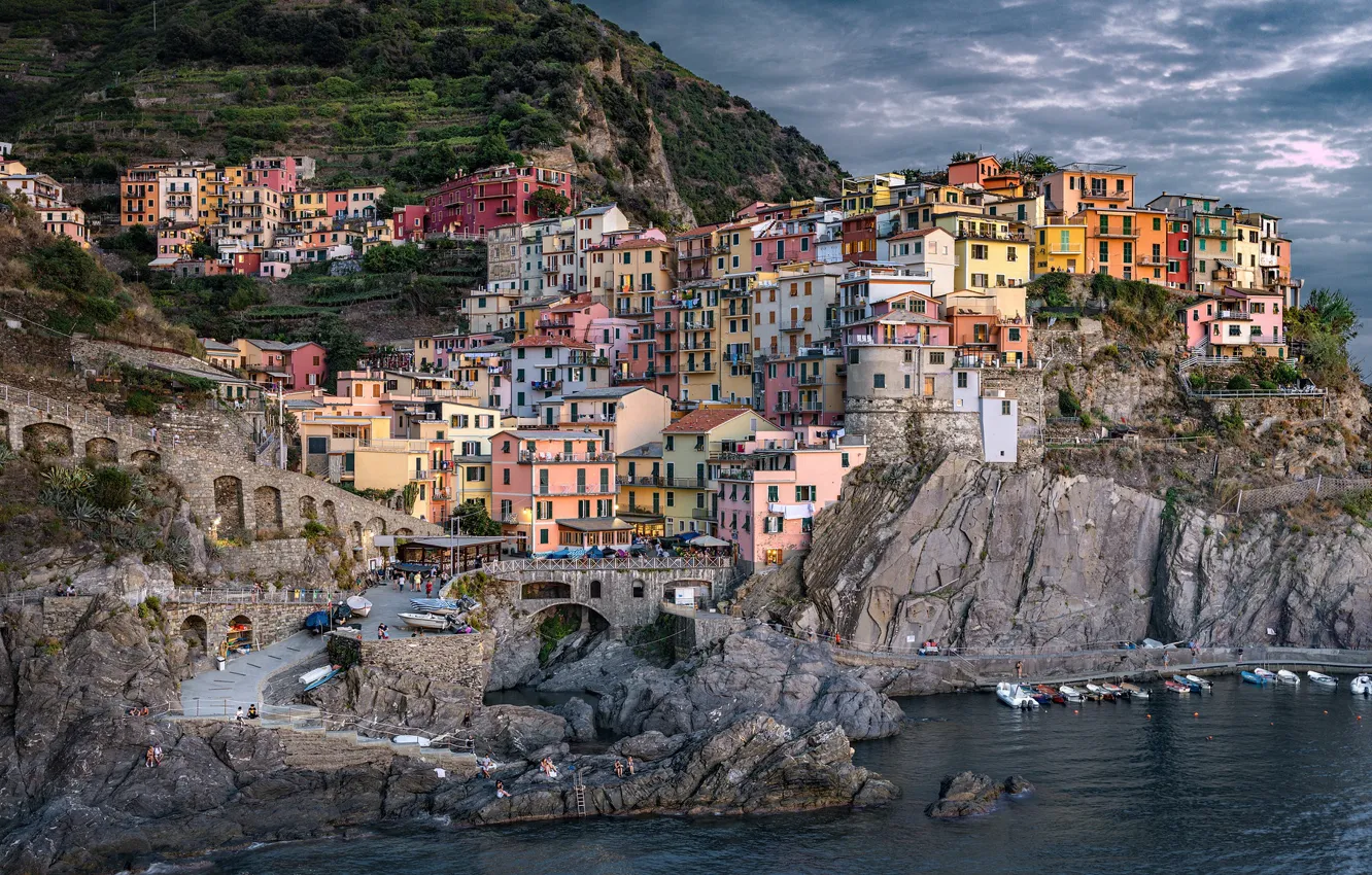 Photo wallpaper sea, rocks, building, home, boats, Italy, Italy, The Ligurian sea
