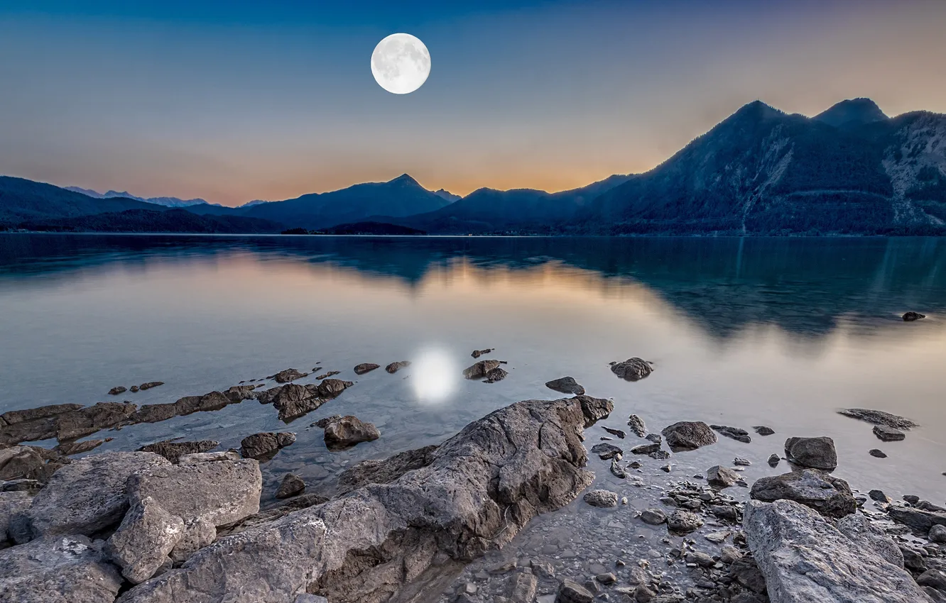 Photo wallpaper forest, the sky, mountains, night, lake, reflection, stones, the moon