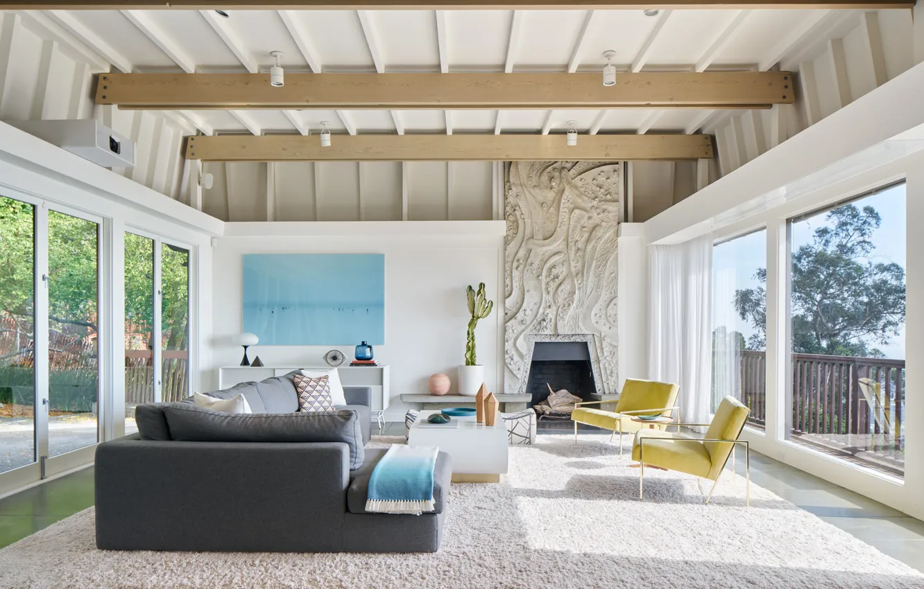 Photo wallpaper design, style, room, Villa, interior, fireplace, upholstered furniture, living room with access to the terrace