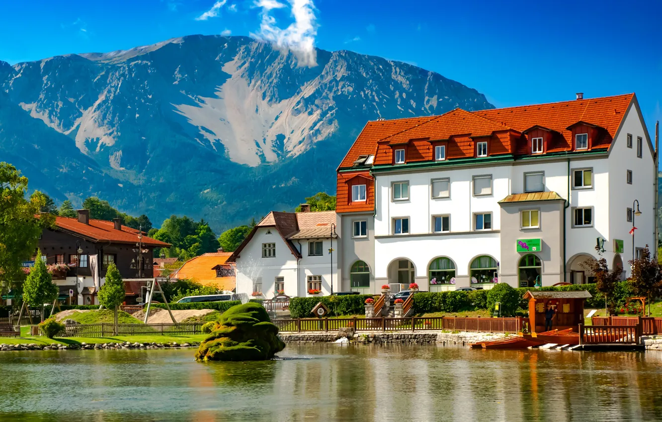 Photo wallpaper mountains, lake, house, the building, Austria, Alps, fountain, Austria