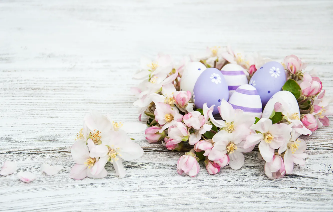 Photo wallpaper flowers, eggs, spring, colorful, Easter, wood, blossom, flowers