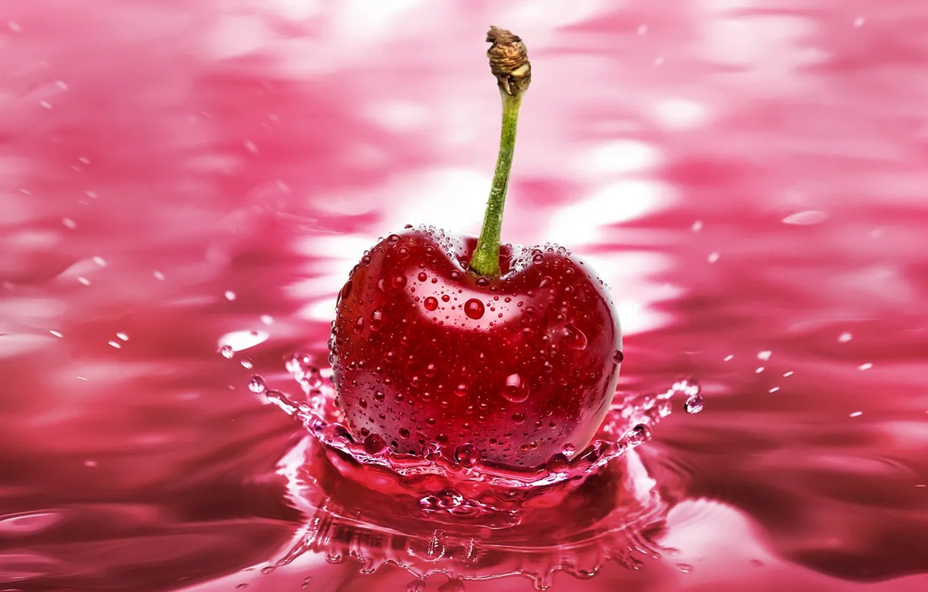 Photo wallpaper water, macro, cherry, splash, cherry