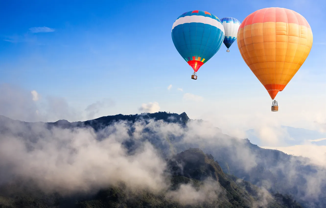 Photo wallpaper the sky, clouds, mountains, balloons, height