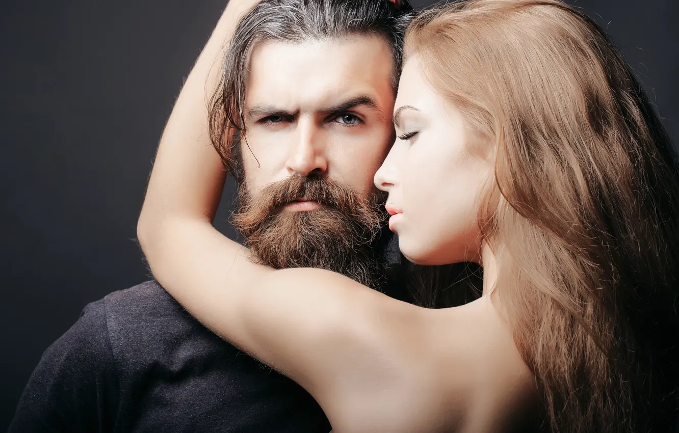Photo wallpaper woman, hug, man with beard, penetrating look