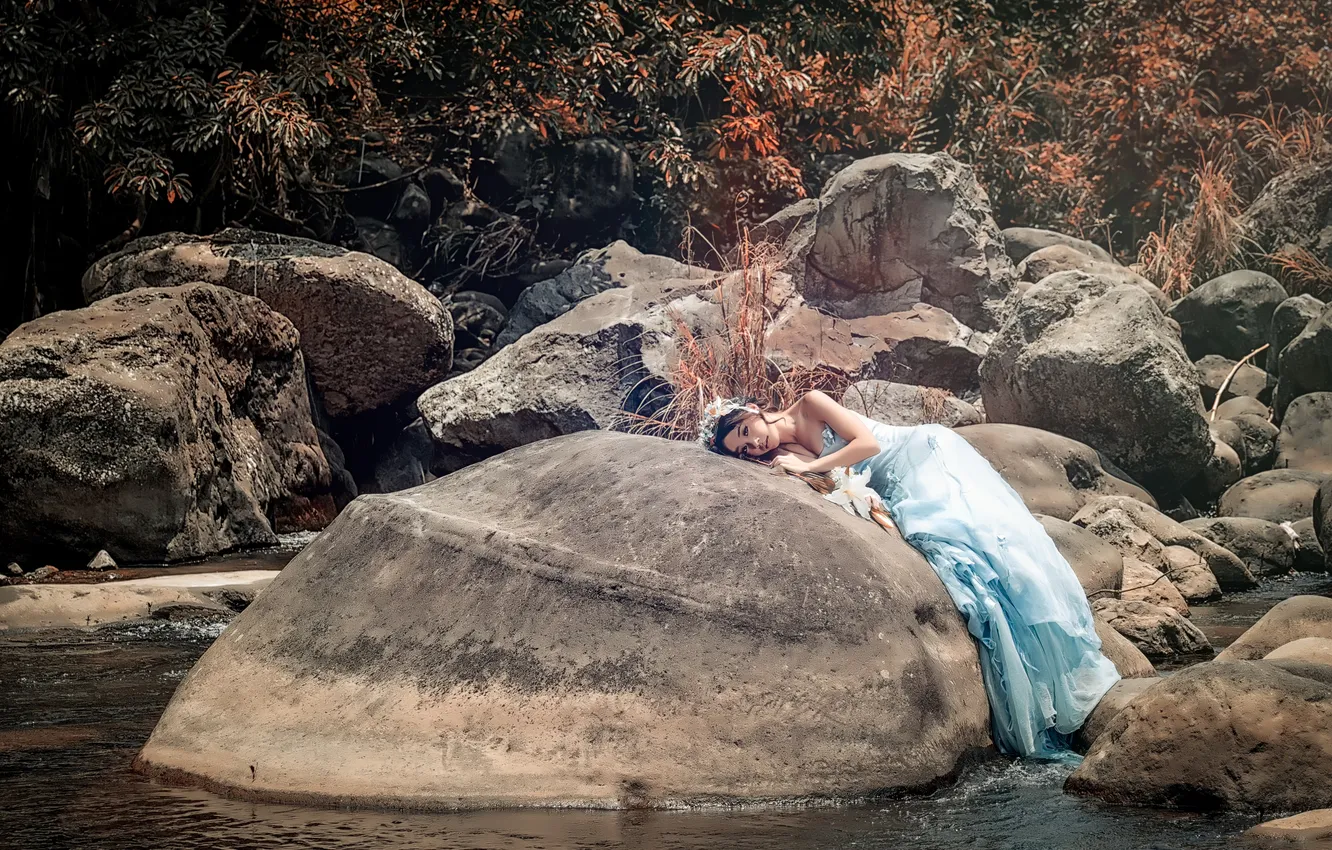 Photo wallpaper girl, stream, stones, dress, Asian