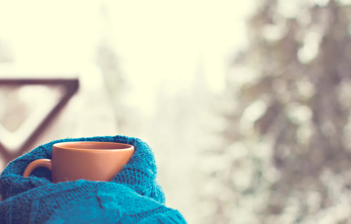 Photo wallpaper scarf, Cup, hot, winter, snow, cup, coffee