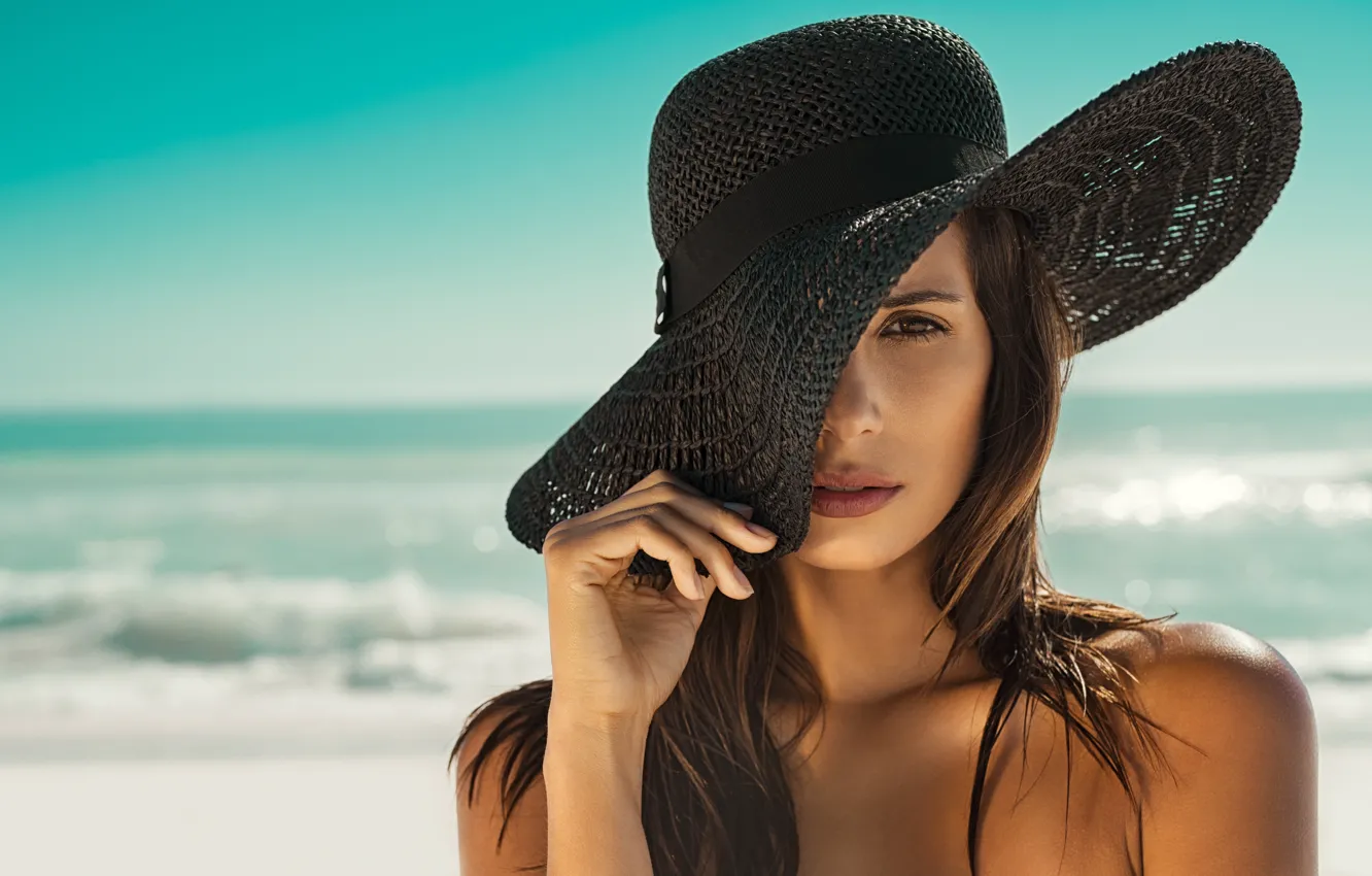Photo wallpaper sea, beach, summer, girl, hat
