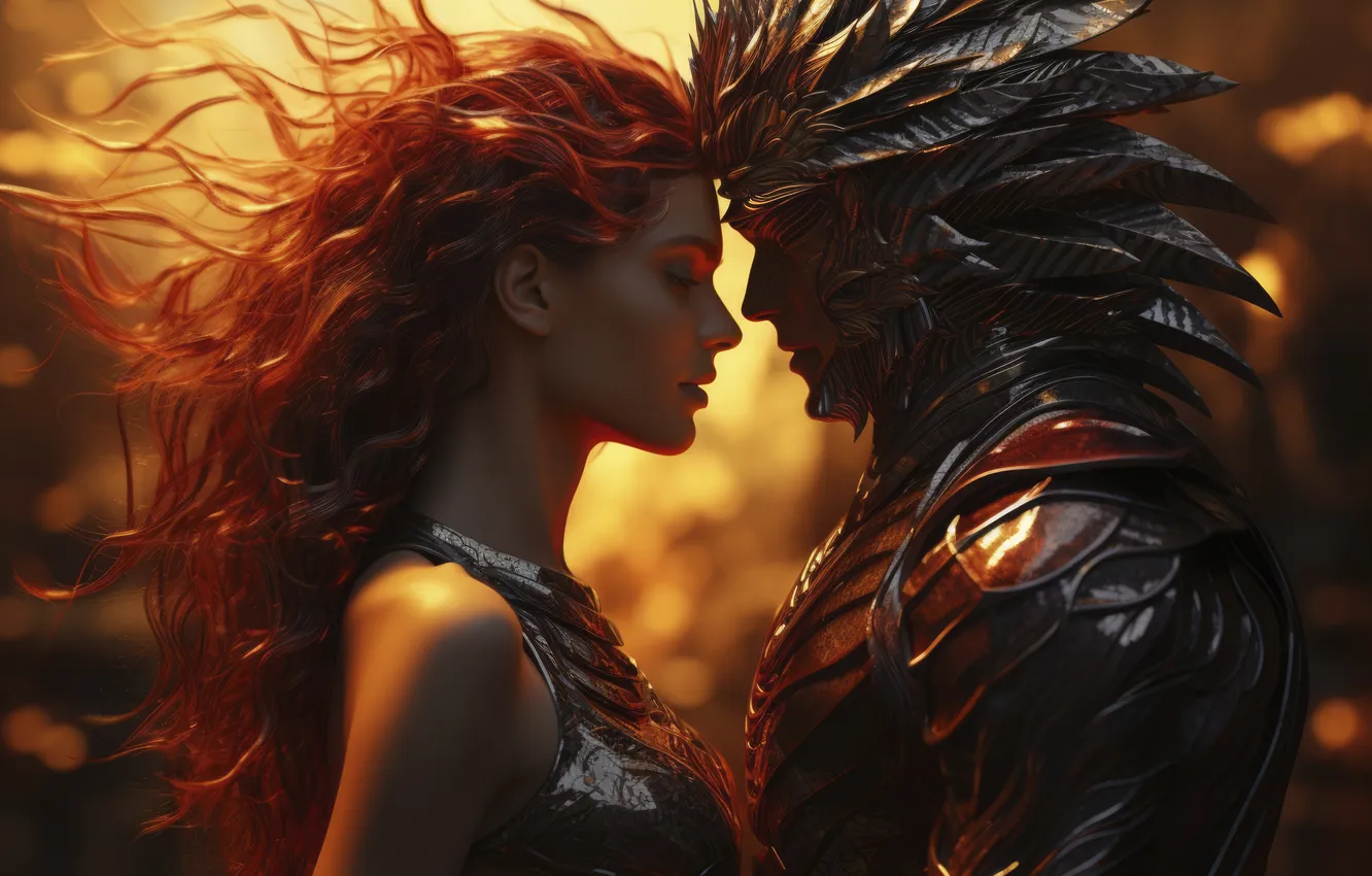 Photo wallpaper girl, love, warrior, male, two, digital art, AI art, The Art of Artificial Intelligence