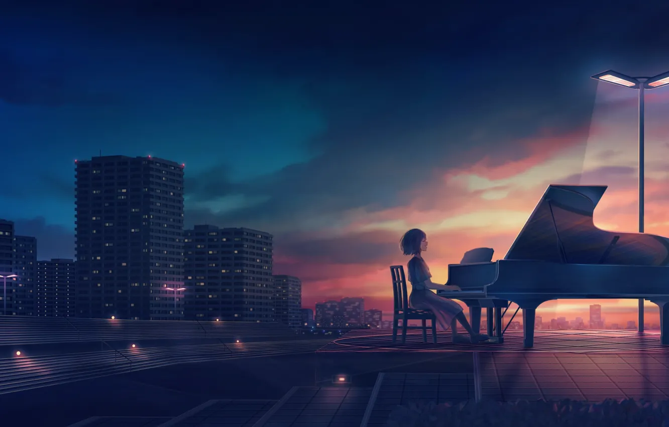 Photo wallpaper the sky, girl, the city, piano, sings