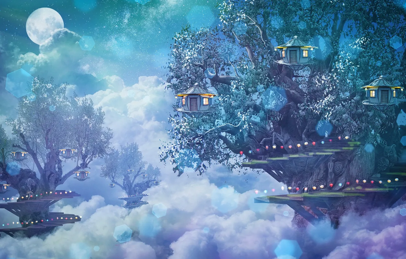 Photo wallpaper forest, clouds, fantasy, house, photoart