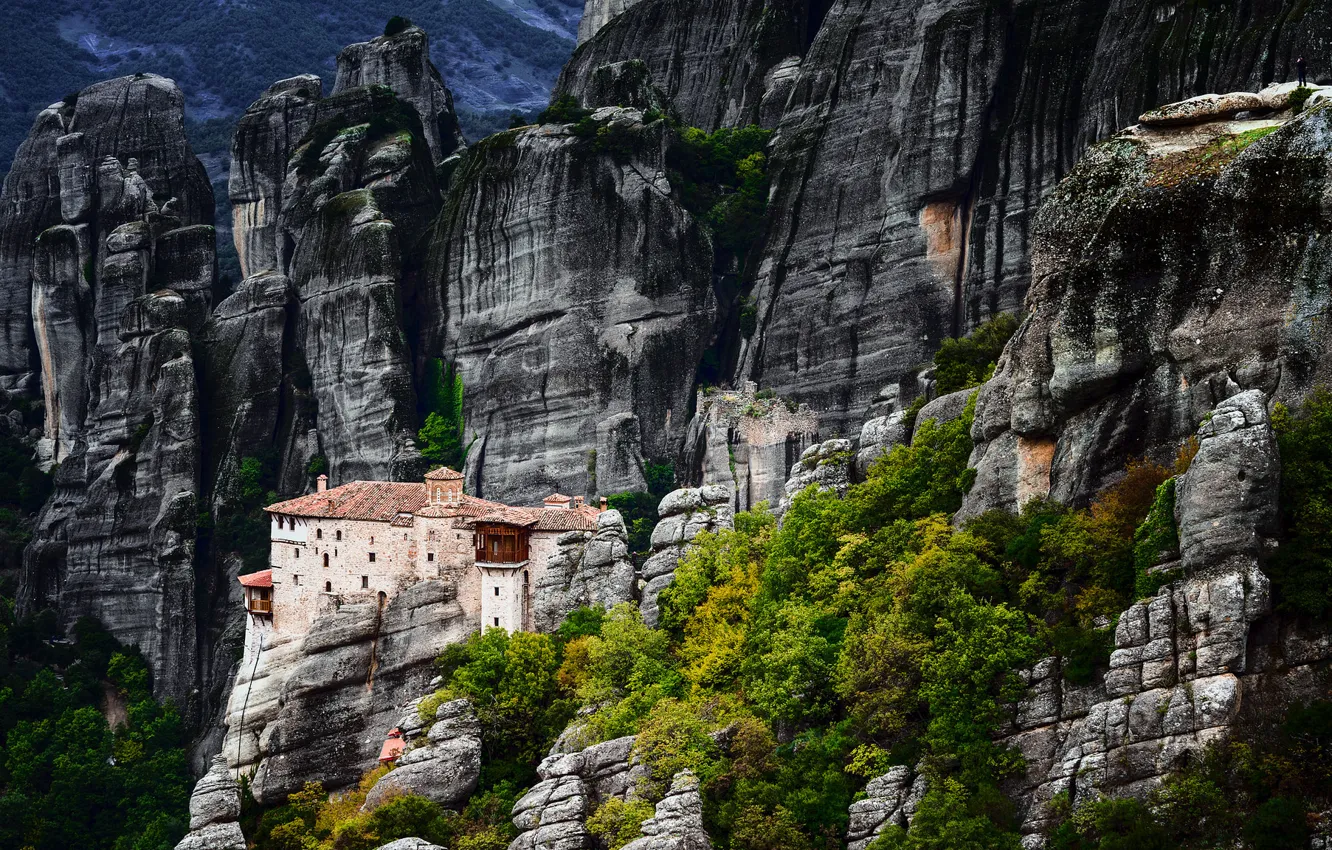 Photo wallpaper trees, mountains, house, rocks, Greece, Meteors