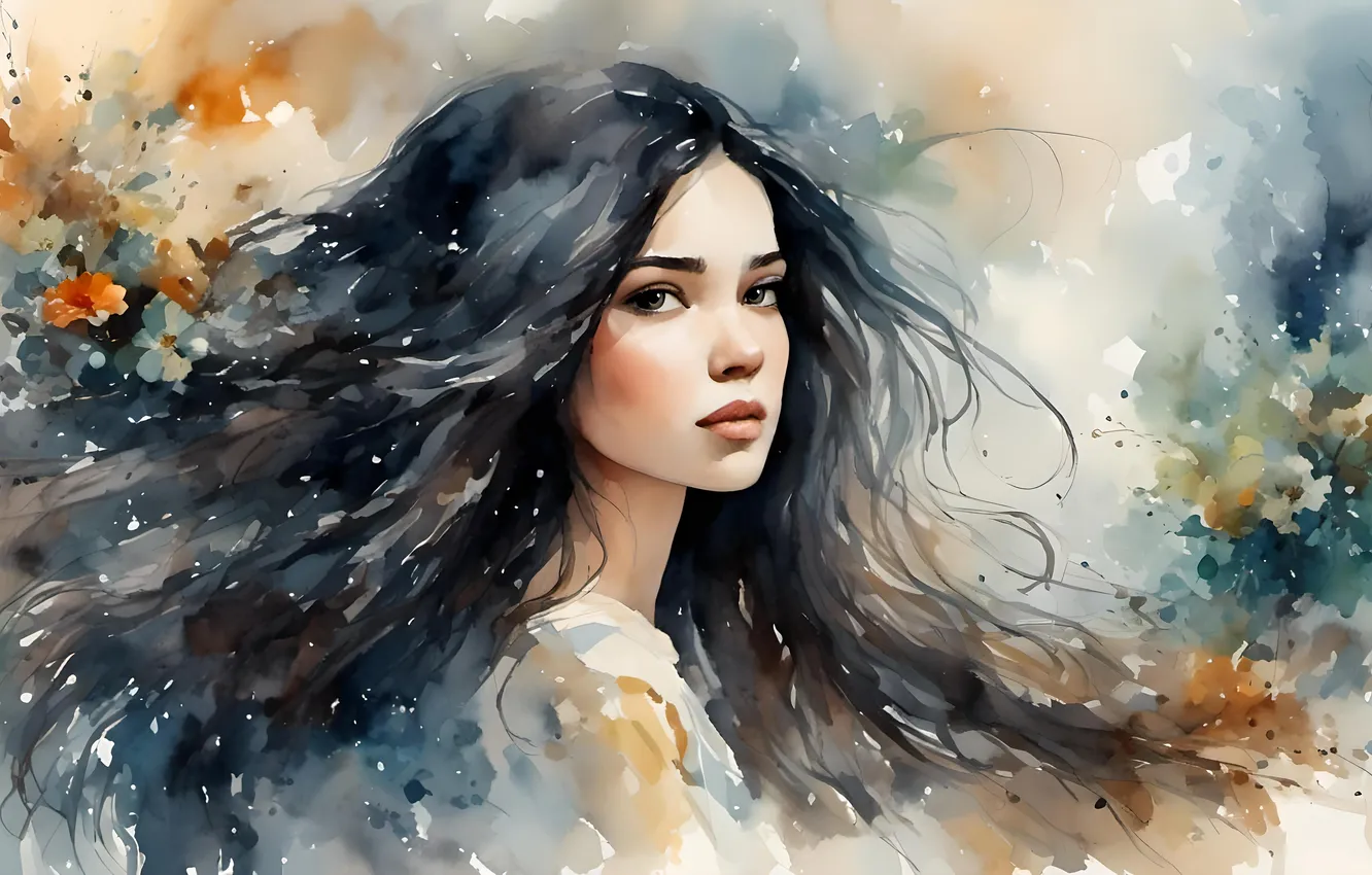 Photo wallpaper look, girl, flowers, figure, portrait, picture, brunette, watercolor