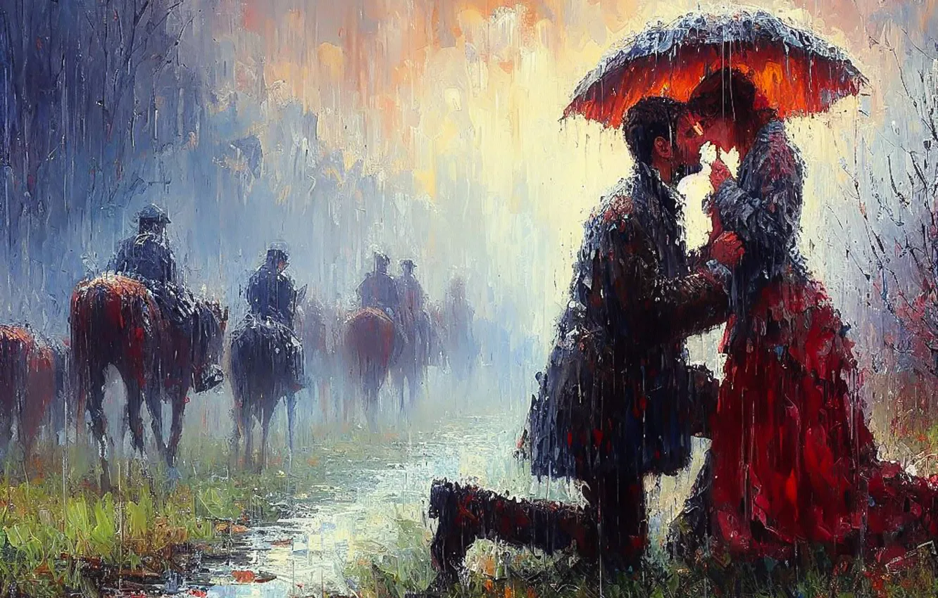 Photo wallpaper road, girl, drops, love, nature, retro, rain, horse