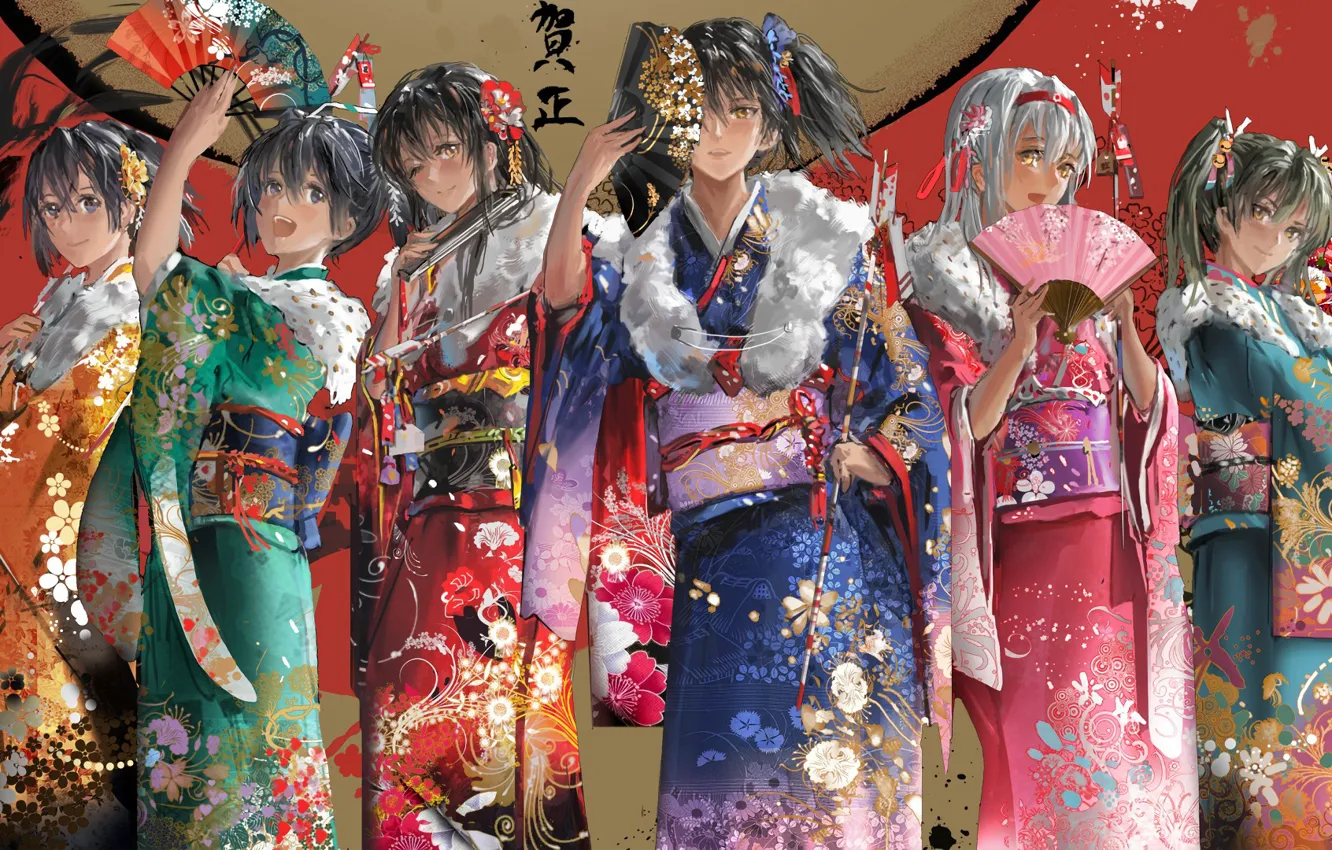 Photo wallpaper kawaii, girl, game, yukata, flower, girls, woman, anime