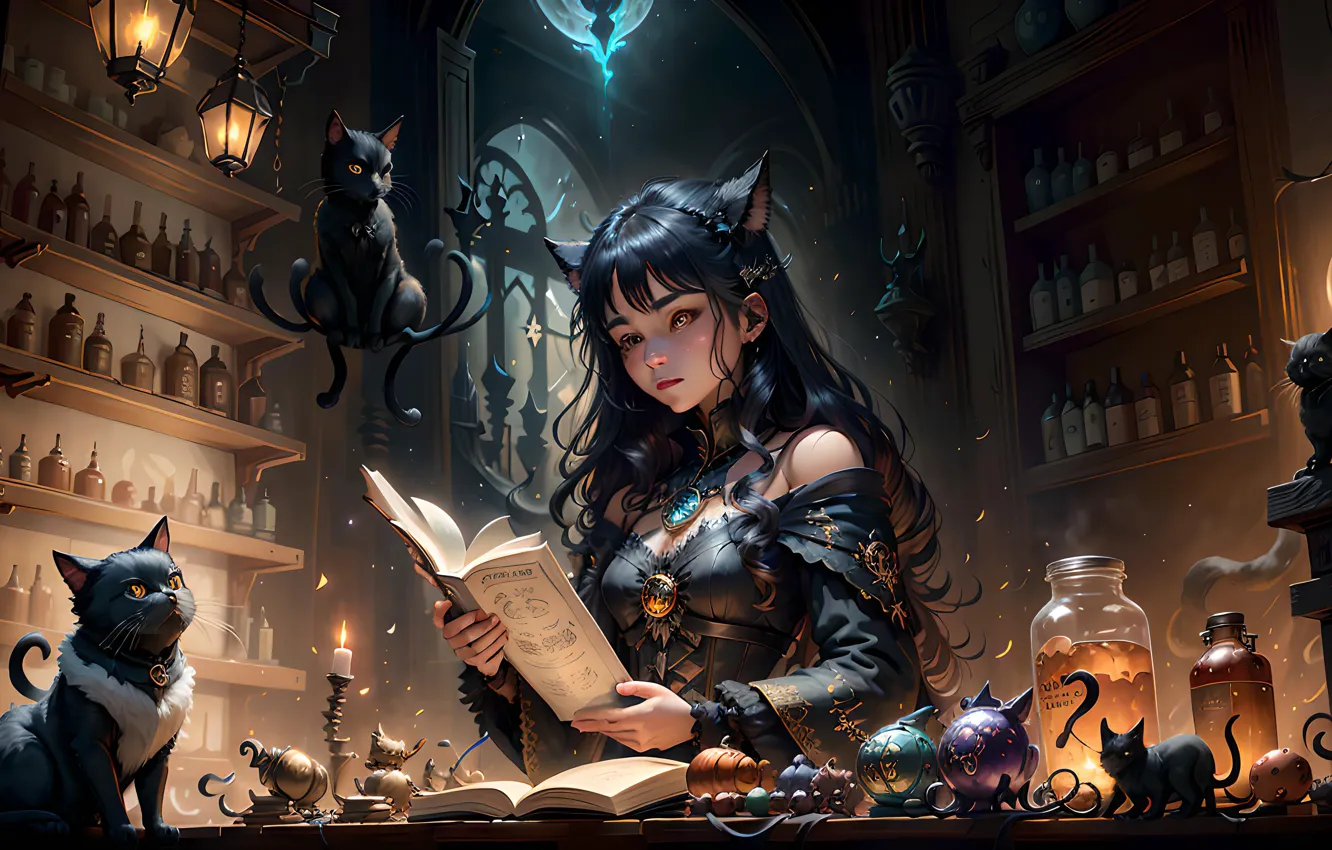 Photo wallpaper cat, table, magic, liquid, the witch, beautiful girl, in black, reading