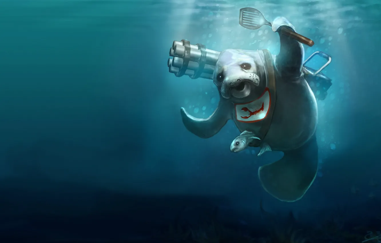Photo wallpaper rendering, fish, blue background, machine gun, apron, Minigun, Gatling, manatee