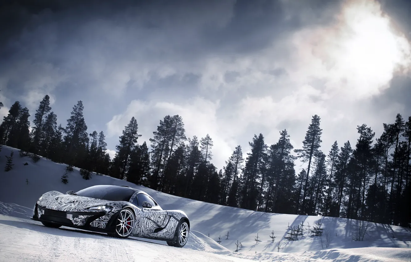 Photo wallpaper the sky, snow, hypercar, Mclaren P1