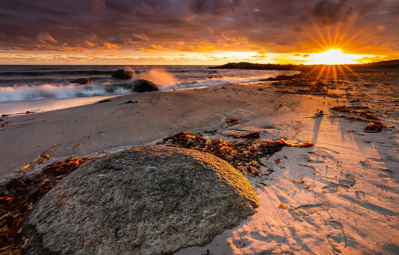 Photo wallpaper sand, sunset, traces, coast, Norway, Rogaland